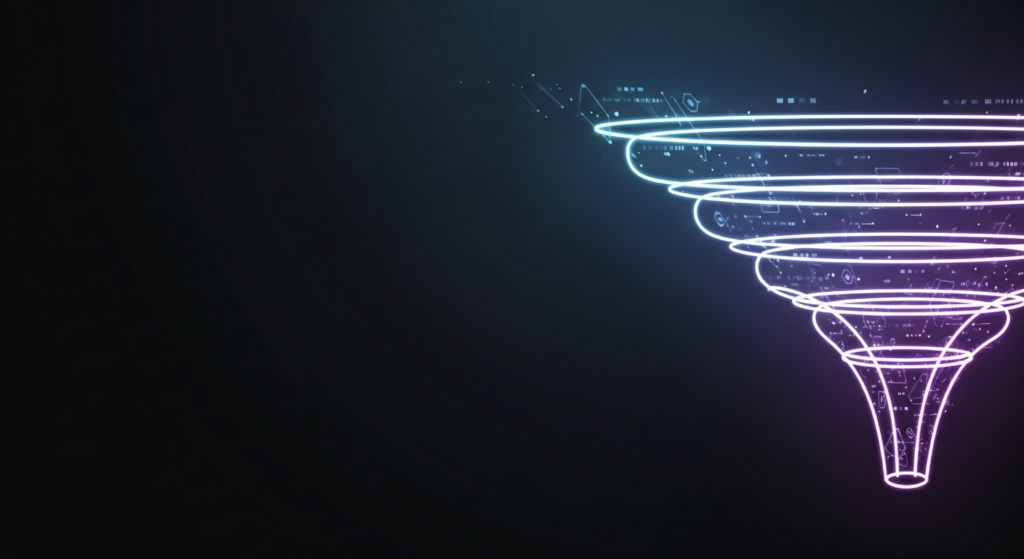 A dark, glowing illustration of a customer acquisition funnel, showing abstract, interconnected stages with neon blue and purple light tracing the customer journey from a wide entry to a narrow conversion point. The wide banner image has a modern, high-tech, and minimal aesthetic, symbolizing strategic growth.