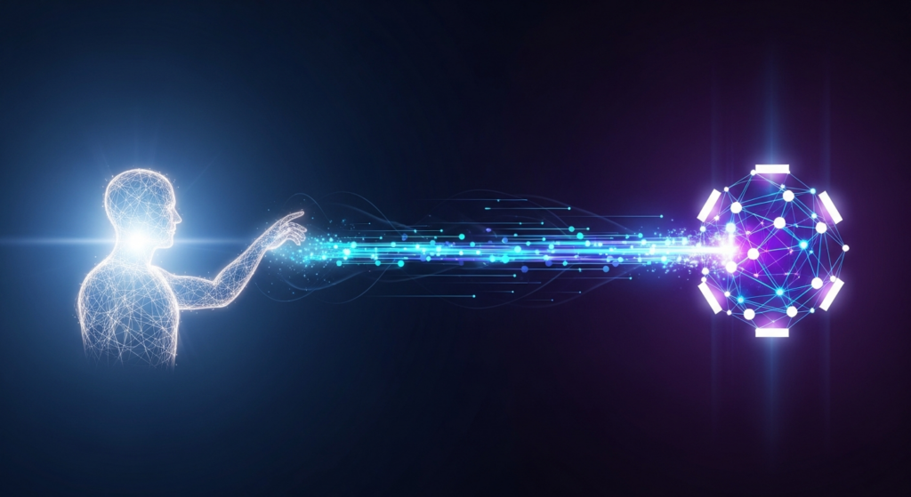 An abstract, dark-themed digital illustration showing a glowing, secure data stream flowing directly from a minimalist human icon to a secure data server, symbolizing zero-party data collection and direct customer information.