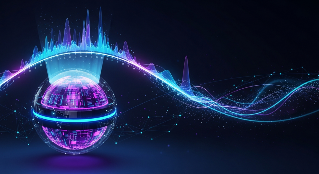 A dark, wide banner image with a central, glowing futuristic sphere, symbolizing a predictive analytics engine, emitting a holographic data graph that projects forward into an abstract timeline. The graph visualizes future trends and customer behavior forecasts. Subtle glowing data streams connect to the sphere against a deep, dark gradient background, representing modern, data-driven marketing forecasting.