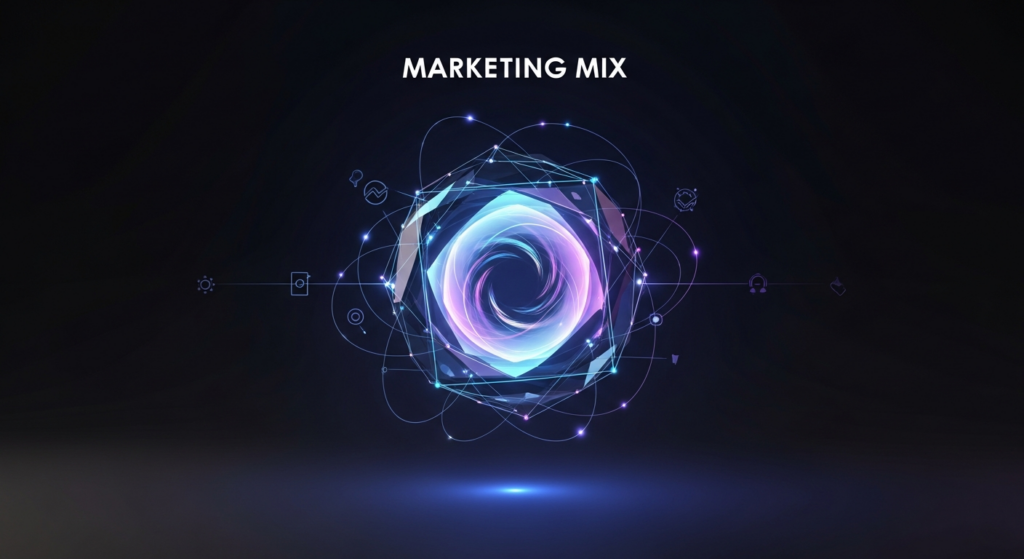 An abstract, glowing central orb with radiating light trails, symbolizing the interconnected elements of the marketing mix strategy against a dark, futuristic background.