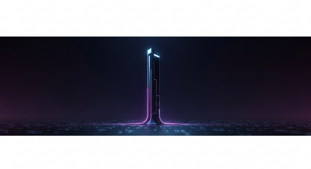 A sleek, glowing abstract pillar rises from a dark, digital landscape, symbolizing long-form content strategy and digital authority. The pillar has soft neon blue and purple accents, set against a deep gradient background with cinematic lighting, conveying a modern, professional, and minimal aesthetic.
