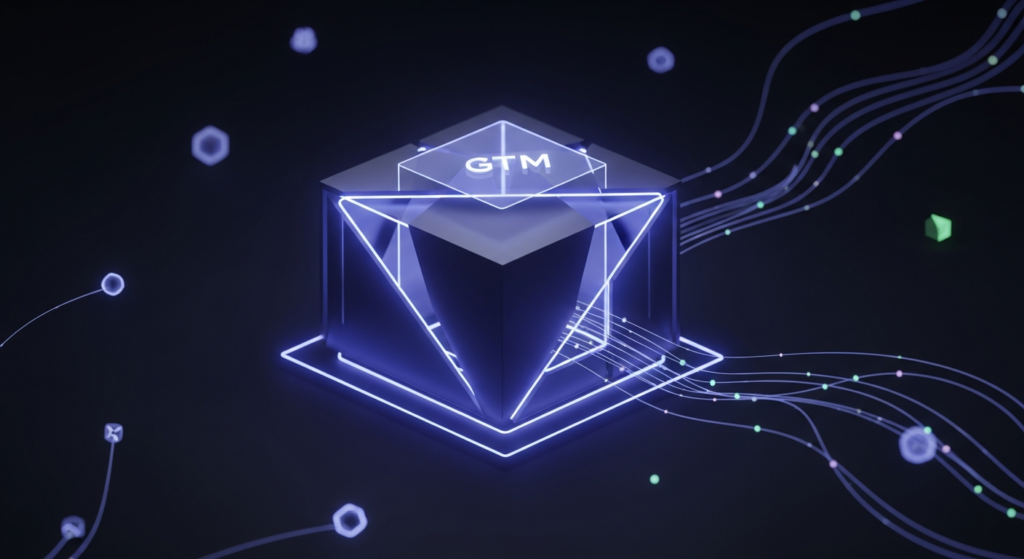 A sleek, dark-themed digital illustration for a blog featured image. A central abstract geometric shape glows with soft blue and purple neon light, representing a Google Tag Manager container. From it, faint, glowing lines extend to smaller, interconnected nodes, symbolizing data flow and connections to analytics and marketing platforms. The background is a dark gradient, providing clean negative space. The image is professional, modern, and uncluttered.