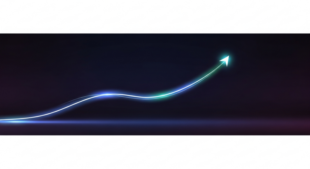 An abstract digital illustration in a dark theme, showing a glowing, fluid line moving upwards and right, symbolizing growth and increasing customer lifetime value. The line, rendered with neon blue and teal accents, stands out against a deep gradient background with cinematic lighting. The image is minimalist and professional.