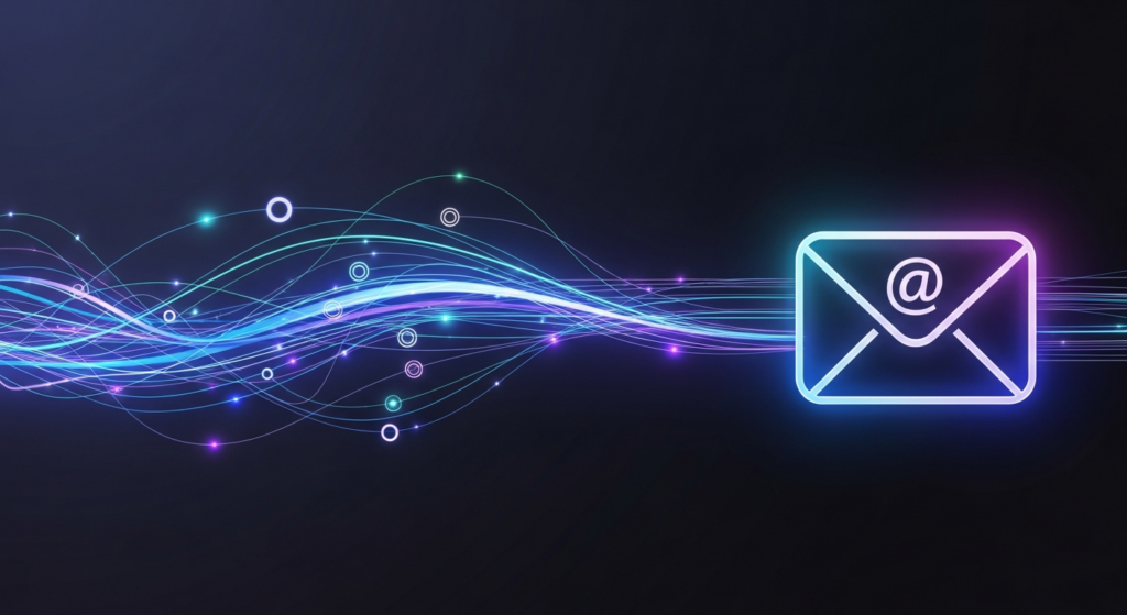 A dark-themed wide banner illustration for email marketing automation workflows. A central, glowing email icon in neon blue and purple is surrounded by abstract, interconnected light lines and nodes, against a deep, dark gradient background. The image is minimal and modern, conveying data flow and technology.
