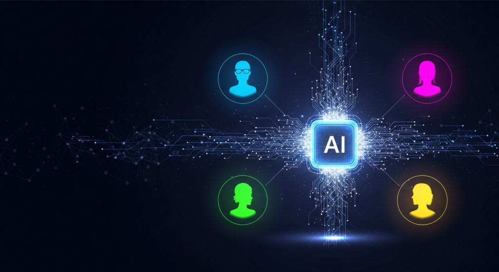 A dark, modern illustration featuring a glowing, abstract AI core radiating neon data streams that connect to several distinct, translucent human silhouettes, each glowing with a unique color. This symbolizes AI-driven customer segmentation and personalized marketing.