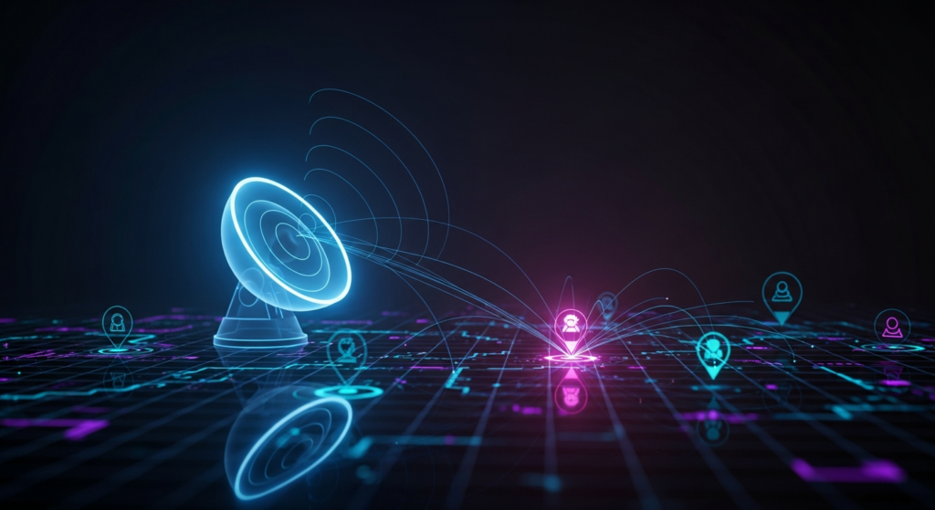 A sleek, dark-themed digital illustration featuring a futuristic radar screen scanning a market grid. The screen emits glowing blue pulses, highlighting abstract data points that represent competitors. The image has cinematic lighting and a minimalist design, conveying strategic competitive analysis in digital marketing.