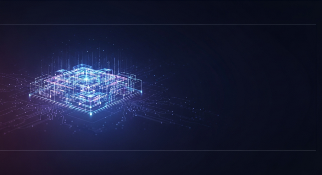 An abstract, dark-themed digital illustration of a glowing, intricate geometric blueprint structure emerging from a dark background, symbolizing the foundation and growth of a digital marketing strategy.