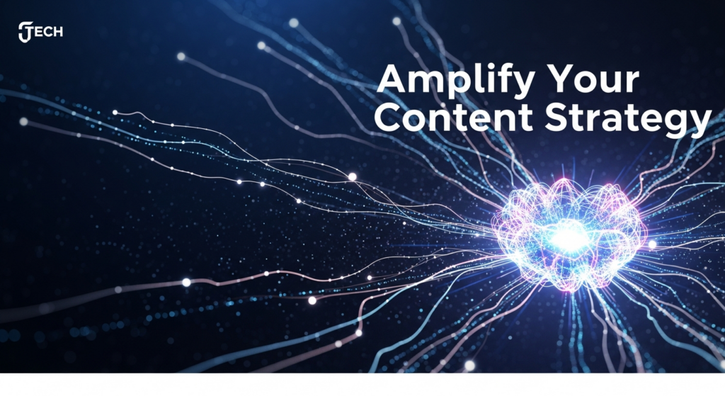 A dark, wide banner image depicting a glowing central node emitting interconnected, radiating lines against a dark gradient background, symbolizing content distribution and amplification across various media channels. The text overlay reads 'Amplify Your Content Strategy' in a modern, glowing sans-serif font. A subtle website logo is visible in the top-left corner.