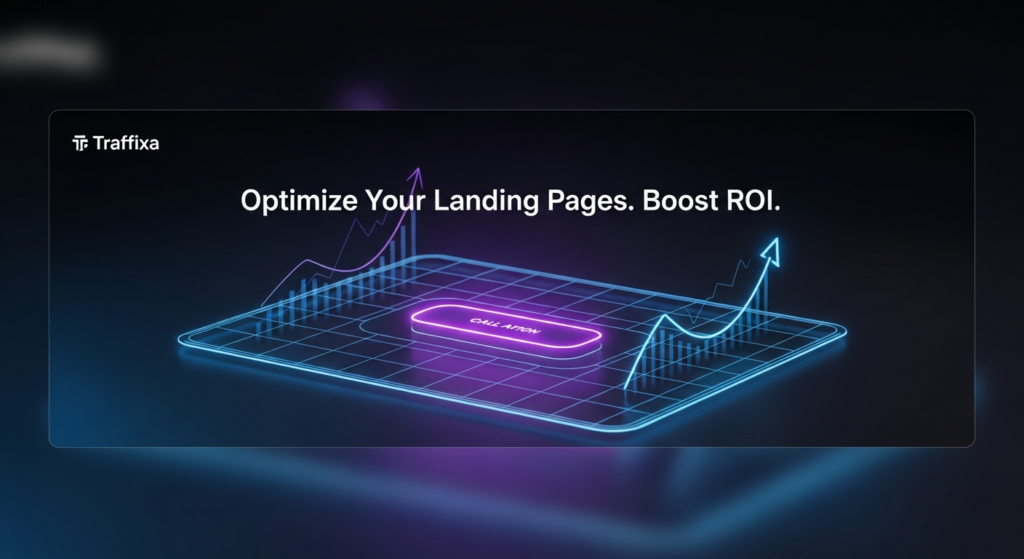A dark-themed blog featured image showing a minimalist, glowing blue and purple wireframe representation of a landing page section with a highlighted call-to-action button and integrated upward arrows/data graphs, symbolizing optimization and growth. The text 'Optimize Your Landing Pages. Boost ROI.' is subtly glowing in a modern sans-serif font. A subtle 'Traffixa' logo is in the top-left corner, set against a dark gradient background with cinematic lighting.