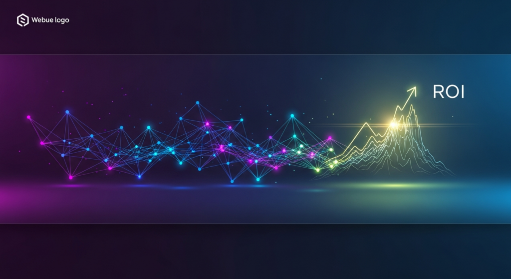 A dark, wide banner image depicting a glowing, abstract network of interconnected data points, with neon lines converging towards a stylized financial graph or ROI indicator, all against a deep blue-purple gradient background. The text 'Marketing Attribution Models: Measure ROI' is prominently displayed with a soft glow, and a subtle website logo is in the top-left corner.