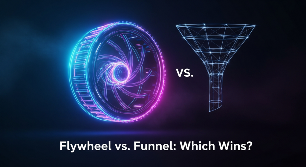 A dark, modern digital illustration comparing a vibrant, glowing neon flywheel, central and in motion, with a more transparent, fading marketing funnel to its side. The image represents growth strategies, with cinematic lighting and blue and purple glow accents. Text overlay reads 'Flywheel vs. Funnel: Which Wins?'.