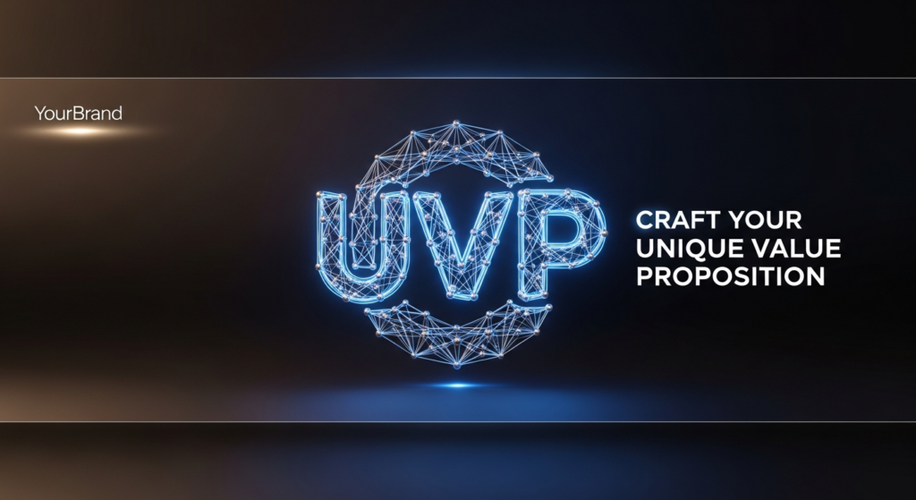 Dark themed blog banner image featuring a central glowing abstract symbol representing a unique value proposition, with the text 'CRAFT YOUR UNIQUE VALUE PROPOSITION' subtly overlaid, and a placeholder logo in the top-left corner.