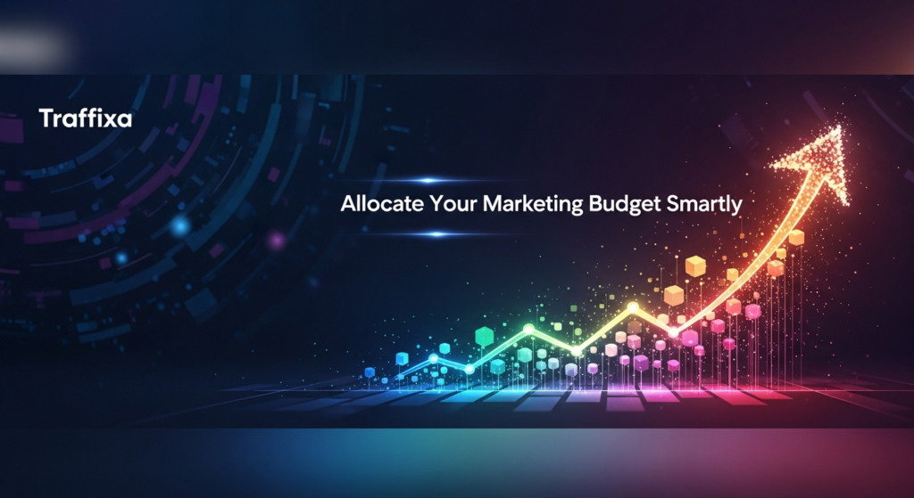 A dark, wide banner image showing a modern, abstract digital graphic. Glowing lines and segmented shapes in blue and purple represent strategic marketing budget allocation transforming into an upward-trending arrow, symbolizing optimal ROI and growth. The text 'Allocate Your Marketing Budget Smartly' is centered with a subtle glow. The 'Traffixa' logo is subtly placed in the top-left corner. The image has cinematic lighting and a professional, high-tech aesthetic.