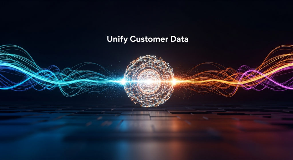 An abstract, ultra-wide digital illustration showing multiple glowing data streams converging into a central, radiant sphere on a dark gradient background, symbolizing the unification of customer data. The text 'Unify Customer Data' is centrally placed with a soft glow, and a subtle company logo is in the top-left. The style is modern, minimalist, and features cinematic high-contrast lighting.