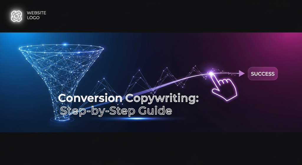 A dark, wide banner image for a blog post. It features a glowing, abstract digital path or funnel, symbolizing a step-by-step tutorial for conversion copywriting. A soft, illuminated cursor guides the viewer along the path which leads towards a bright 'Success' icon. The background is a deep, dark gradient. The title 'Conversion Copywriting: Step-by-Step Guide' is prominently displayed in glowing sans-serif text in the center. A monochrome website logo is subtly placed in the top-left corner. The overall aesthetic is modern, high-tech, and professional.