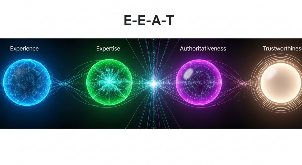 An abstract, dark-themed digital illustration visualizing Google's E-E-A-T framework. Four glowing, interconnected conceptual nodes representing Experience, Expertise, Authoritativeness, and Trustworthiness form a central, cohesive structure. Subtle data streams and soft neon light accents connect them against a deep gradient background, conveying a modern, technical, and professional aesthetic.