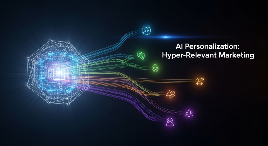An abstract, glowing AI brain or data core at the center, radiating multiple distinct, personalized data streams towards individual, faint data profile icons. The image is set against a dark, gradient background with cinematic lighting and subtle glows. A text overlay reads 'AI Personalization: Hyper-Relevant Marketing', and a subtle website logo is in the bottom-left corner.