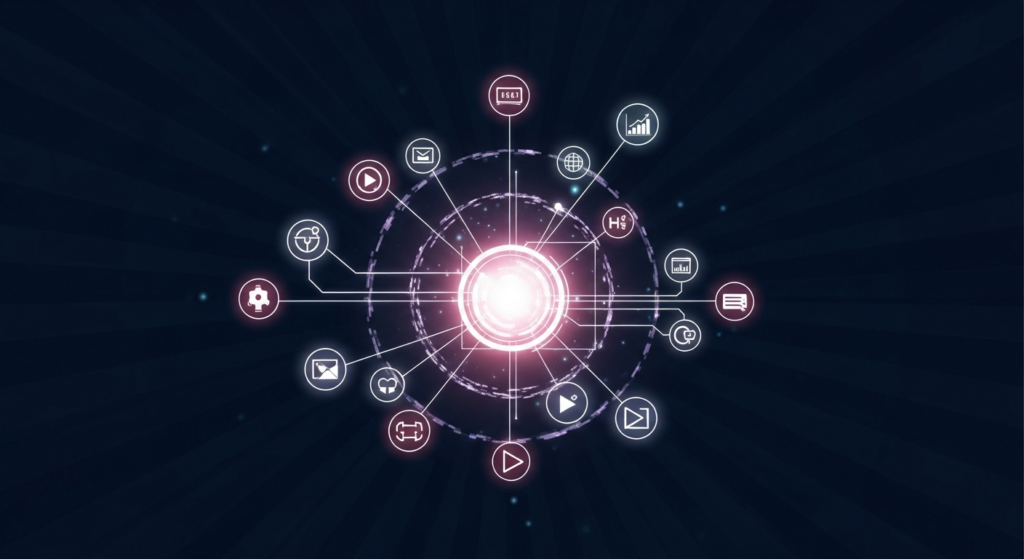A dark, high-contrast digital illustration representing content repurposing. A central glowing abstract orb acts as a source, with multiple luminous streams branching out and transforming into icons for video, infographics, podcasts, and social media. The image features cinematic lighting, neon glow accents, a dark gradient background, and the text 'Content Repurposing Strategy: Maximize Value' in a modern sans-serif font. A subtle brand logo is in the top-left corner.