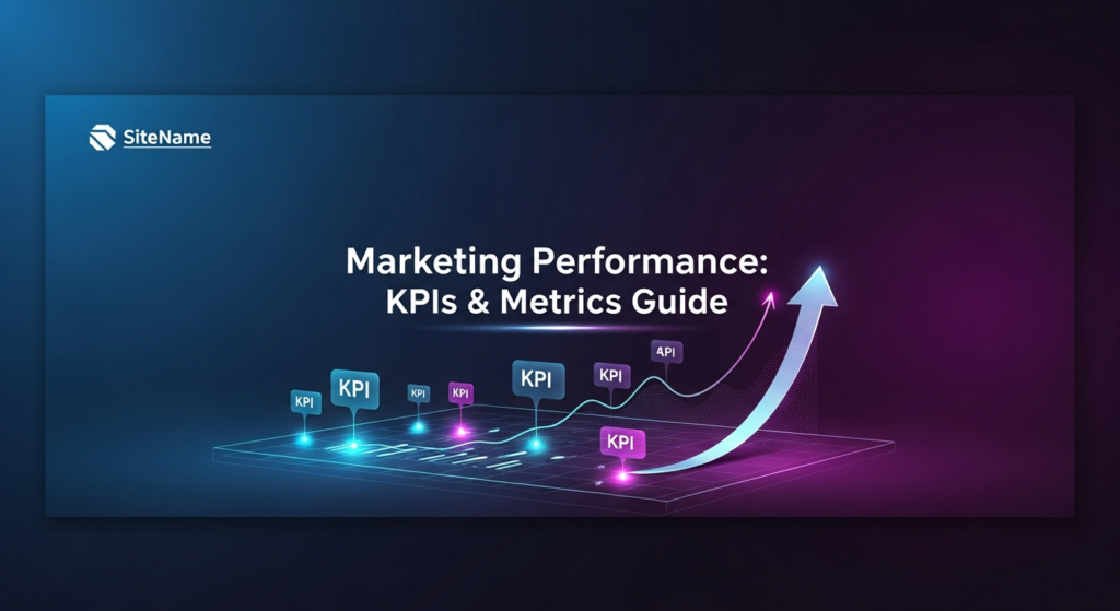 A minimalist, dark-themed digital illustration for a blog featured image. It displays a holographic data dashboard with glowing Key Performance Indicators (KPIs) and an upward-trending graph, symbolizing marketing performance measurement and growth. The central element is a prominent, glowing arrow pointing upwards. The background is a deep, dark blue-purple gradient with soft neon accents. The text overlay reads 'Marketing Performance: KPIs & Metrics Guide' in a modern sans-serif font. A subtle website logo is in the top-left corner.