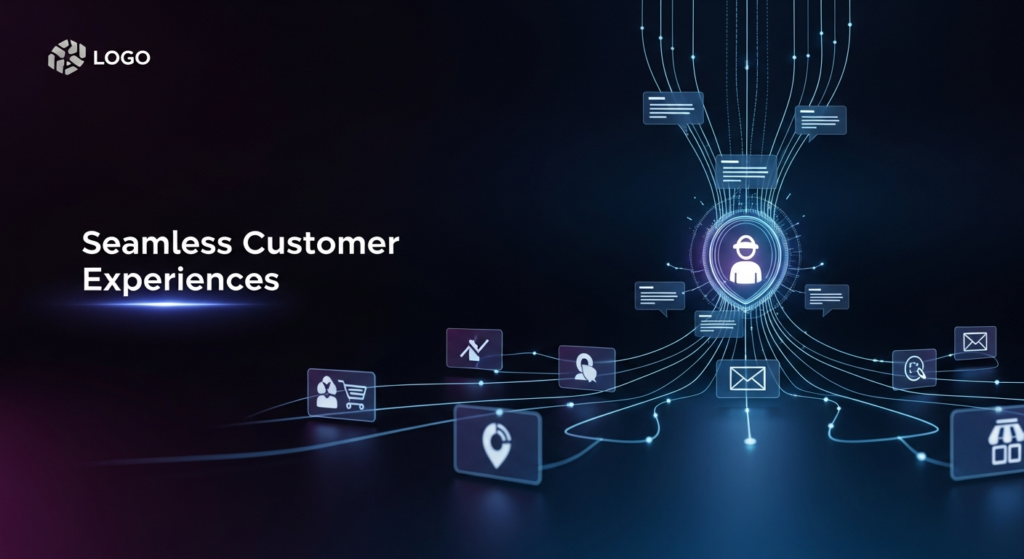 A dark-themed, minimalist banner image for omnichannel marketing. A central, subtly glowing abstract figure representing a customer is surrounded by interconnected, illuminated lines and holographic elements, symbolizing various marketing channels converging for a seamless experience. The text 'Seamless Customer Experiences' glows softly, and a subtle website logo is in the top-left.