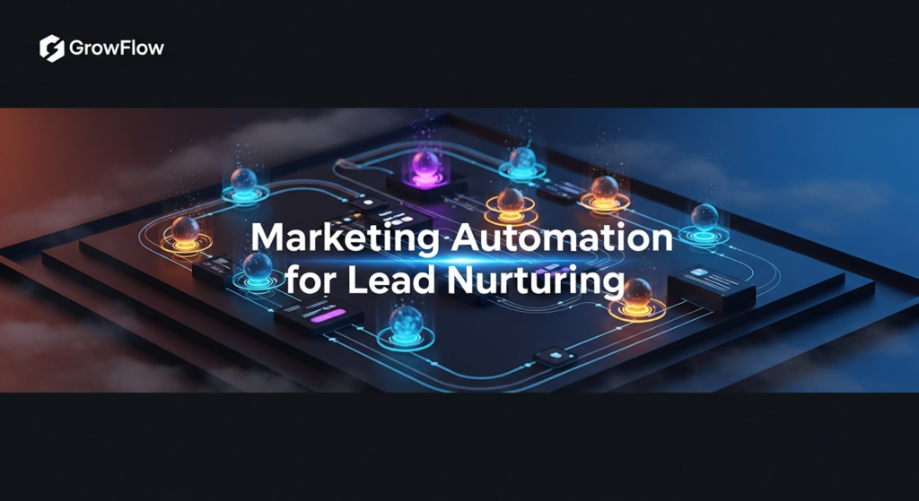 A dark, wide banner image showing a glowing digital workflow pipeline with stylized data points representing leads moving through interconnected stages, symbolizing marketing automation and lead nurturing. The text 'Marketing Automation for Lead Nurturing' is prominently displayed in a modern sans-serif font with a subtle glow, and the 'GrowFlow' logo is subtly placed in the top-left corner.