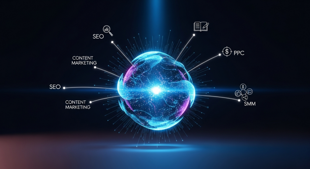 A dark, wide banner image featuring a central glowing abstract digital sphere representing digital marketing, with interconnected neon lines and subtle icons for SEO, PPC, SMM, and Content Marketing radiating outwards. The text 'What is Digital Marketing: Beginner's Guide' is displayed with a soft glow, and a subtle website logo is in the top-left corner.