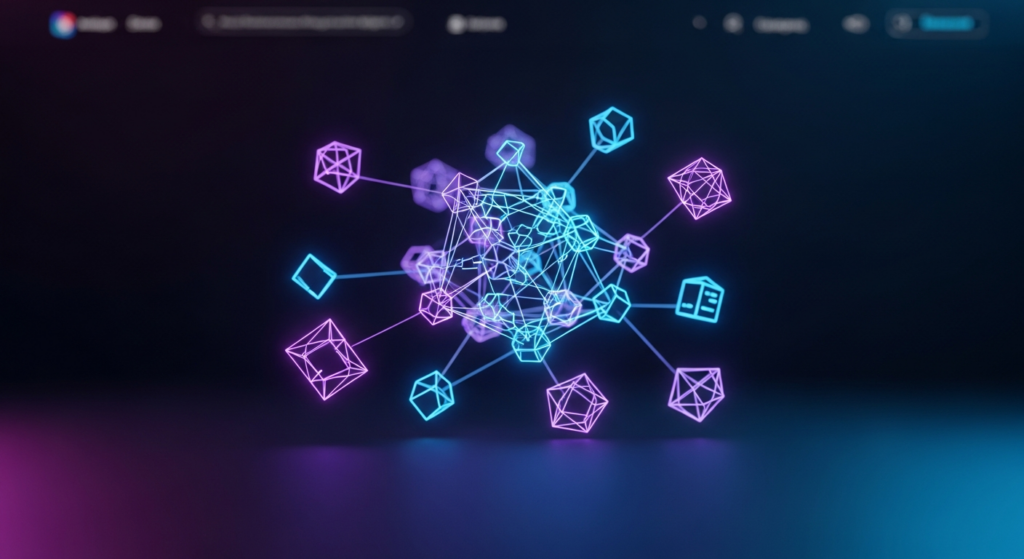 A dark, cinematic image featuring an abstract, glowing network of interconnected data nodes and code blocks resembling JSON-LD, symbolizing structured data and technical SEO. The nodes emit soft blue and purple neon light against a deep gradient background, with a subtle outline hinting at search rich results. The text 'Schema Markup for Rich Results' is overlaid, with a softly illuminated 'YourWebsite Logo' in the bottom-left corner.