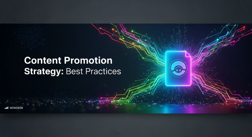 A dark-themed digital illustration featuring a glowing, abstract digital content icon at the center, radiating multiple vibrant network lines and arrows outwards, symbolizing content amplification and multi-channel promotion. The image includes the text 'Content Promotion Strategy: Best Practices' with a subtle glow, and a monochrome website logo in the bottom-left corner.