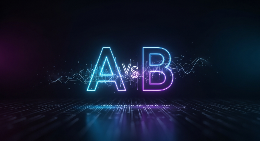 A dark, wide banner image illustrating growth marketing A/B testing. Two stylized, glowing digital letters 'A' and 'B' are centrally positioned, separated by subtle luminous data streams and abstract growth graphs. The background is a deep gradient with cinematic lighting and neon accents. The text 'Growth Marketing: Run A/B Tests' is overlaid in a modern glowing font. A monochrome website logo is subtly placed in the top-left.