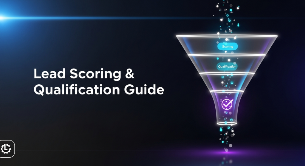 A dark-themed, minimalist illustration of a glowing sales funnel, showing abstract data points being scored and qualified as they move through its stages. The funnel glows with neon blue and purple accents, set against a deep gradient background. Text overlay reads 'Lead Scoring & Qualification Guide'.