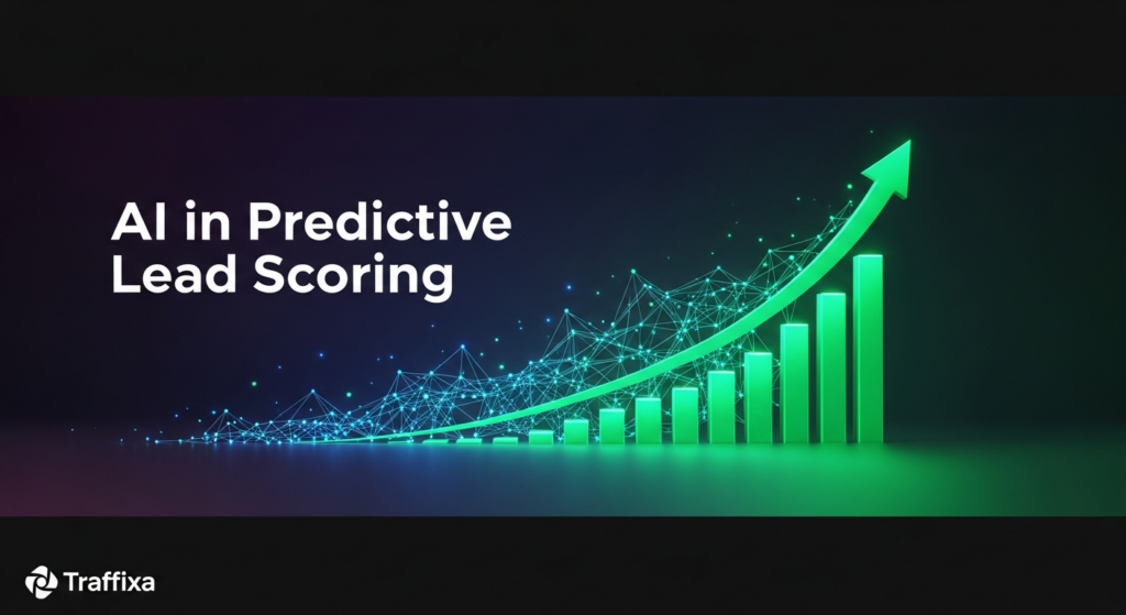 A dark, modern tech illustration for a blog featured image. It shows an abstract, glowing blue and green neural network at the center, evolving upwards into a bright green growth arrow or graph, symbolizing AI-driven predictive lead scoring and sales growth. The background is a dark gradient with cinematic lighting and subtle neon accents. The text overlay reads 'AI in Predictive Lead Scoring' in a glowing sans-serif font, and the 'Traffixa' logo is subtly placed in the bottom-left corner.