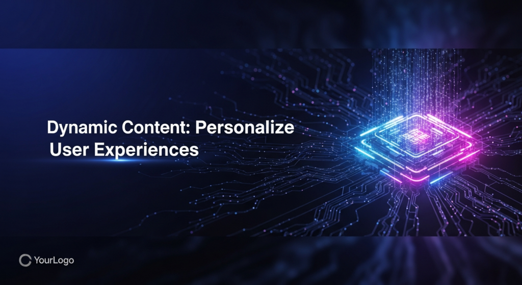 A dark-themed digital illustration for a blog post on dynamic content strategy. It features a glowing central hub, symbolizing a personalization engine, emitting segmented, luminous data streams towards abstract user representations against a deep, dark blue-purple background. The text 'Dynamic Content: Personalize User Experiences' is overlaid, along with a subtle website logo placeholder.