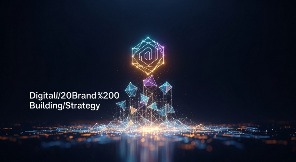 A dark-themed, minimalist digital illustration for brand building strategy. It features a glowing, abstract symbol made of interconnected lines and shapes, representing a brand's core strategy, expanding within a deep blue and purple digital void. The text overlay reads 'Digital Brand Building Strategy' with a soft glow.