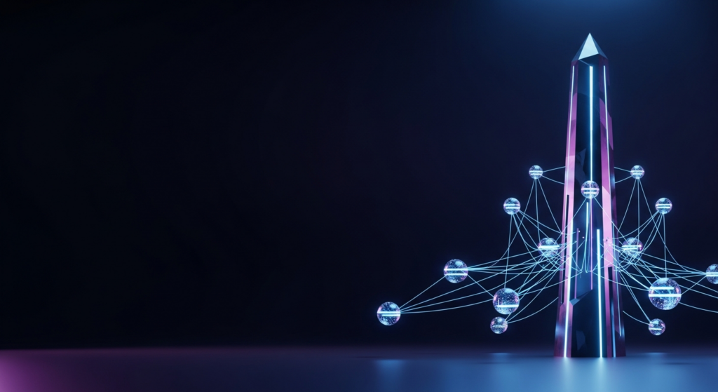A dark, modern digital illustration featuring a central, glowing geometric pillar representing a content pillar. Smaller, luminous data nodes, symbolizing topic clusters, are connected to the pillar and each other by glowing lines, all set against a deep gradient background with cinematic lighting in neon blue and purple hues.