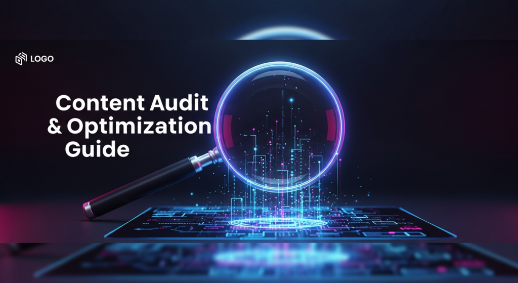 A dark-themed, wide banner image featuring a glowing magnifying glass hovering over an abstract digital document or data representation, symbolizing content audit and optimization. The text overlay reads 'Content Audit & Optimization Guide'. A subtle website logo is in the top-left corner.