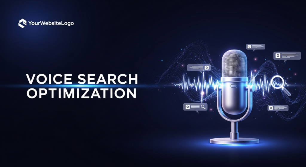 A sleek, modern microphone at the center, emitting glowing blue data streams that subtly form into stylized search result snippets and a magnifying glass, set against a dark gradient background. The image uses cinematic lighting with soft neon and glow accents, representing voice search optimization. The text overlay reads 'VOICE SEARCH OPTIMIZATION' in a modern sans-serif font. A subtle website logo is in the top-left corner.