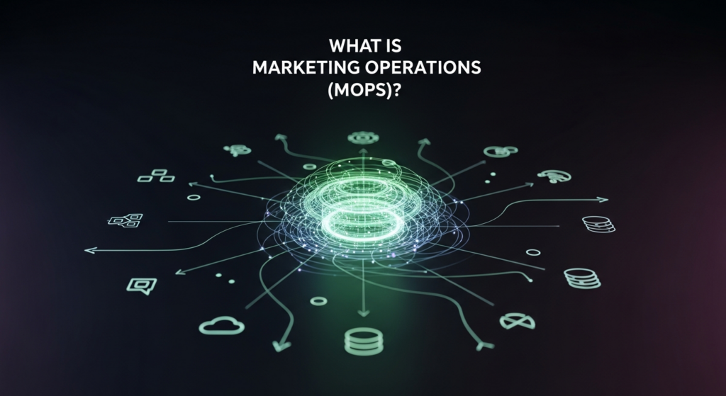 A dark, modern tech illustration representing Marketing Operations (MOPs). A central, glowing abstract hub is connected by illuminated lines to conceptual elements of data, technology, and workflow processes. The image features cinematic lighting with subtle blue and green glow accents on a deep dark gradient background. A text overlay reads 'WHAT IS MARKETING OPERATIONS (MOPs)?' in a glowing modern sans-serif font. A subtle website logo is in the bottom-left corner.