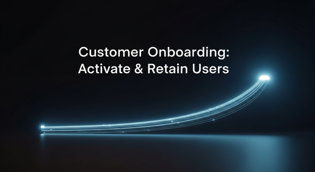 A dark-themed blog banner image depicting a glowing, upward-trending digital pathway, symbolizing the customer onboarding journey towards activation and retention. The path starts subtly and brightens significantly towards a radiant node. Overlay text reads 'Customer Onboarding: Activate & Retain Users' with a modern font and subtle glow. A subtle website logo is in the corner. The image uses cinematic lighting and a minimalist, professional design.