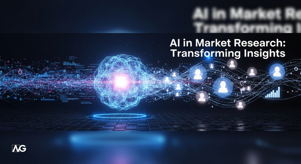An abstract, dark-themed digital illustration for 'AI in Market Research'. A glowing AI neural network core at the center receives intricate data streams and emits refined consumer insights, shown as illuminated human profile silhouettes and simplified data points. The image features cinematic lighting with subtle blue and purple glows. Text overlay reads 'AI in Market Research: Transforming Insights'. A subtle website logo is in the bottom-left corner.