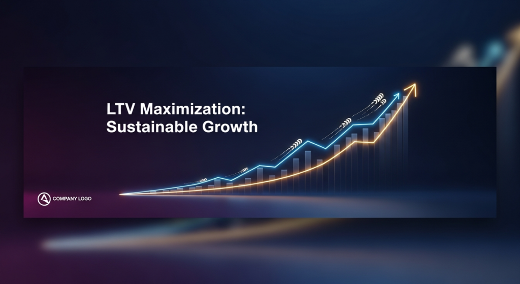 A wide banner image in a dark theme, featuring a glowing, abstract upward-trending line graph with neon blue and golden accents, symbolizing LTV maximization and sustainable business growth. The graph is set against a deep gradient background. A text overlay reads 'LTV Maximization: Sustainable Growth' in a modern, glowing sans-serif font. A subtle, monochrome abstract company logo is in the bottom-left corner.