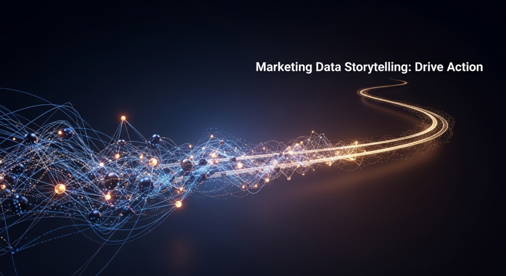 A dark, wide banner image illustrating marketing data storytelling. A glowing, abstract data visualization transforms into a luminous narrative path against a deep gradient background. The style is modern, with high-contrast cinematic lighting and subtle blue, purple, and gold glows. Overlay text reads 'Marketing Data Storytelling: Drive Action' in a white sans-serif font. A subtle company logo is in the top-left corner.