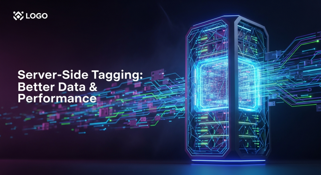 A wide banner image in a dark theme for a blog post, featuring a central, abstract, glowing server core with streams of neon-blue and green data flowing rapidly, symbolizing efficient server-side data processing and enhanced performance. The background is a dark gradient, and the image includes the text 'Server-Side Tagging: Better Data & Performance' with a subtle glow, and a monochrome website logo in the top-left corner. The style is modern, technical, and minimal.