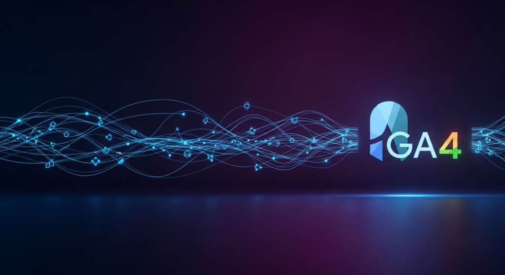 A minimalist and modern illustration depicting a stylized Google Analytics 4 (GA4) icon, surrounded by abstract glowing data streams and interconnected nodes against a dark, deep blue-purple gradient background. The image uses cinematic lighting with neon blue and soft glow accents, conveying a high-tech, data-driven, and professional aesthetic suitable for analytics and digital marketing.