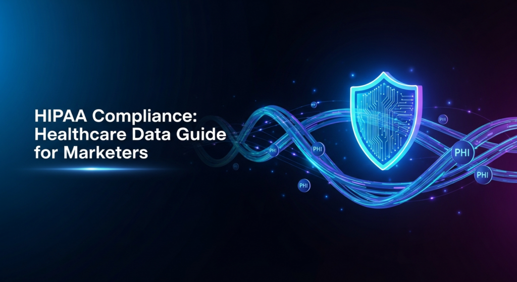 A dark-themed, minimalist digital illustration featuring a glowing shield icon protecting abstract healthcare data streams against a deep blue and purple gradient background. The image represents HIPAA compliance for marketers. The text 'HIPAA Compliance: Healthcare Data Guide for Marketers' is displayed prominently, and a subtle website logo is in the top-left corner.