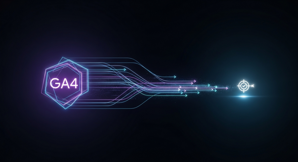 A dark-themed blog featured image illustrating attribution modeling in Google Analytics 4. A central glowing, minimalist GA4 data hub emits abstract, interconnected blue and purple data pathways that converge towards an illuminated conversion icon. The image features cinematic lighting, a dark gradient background, and the text 'Attribution Modeling in Google Analytics 4' in a glowing sans-serif font, with a subtle website logo in the top-left.