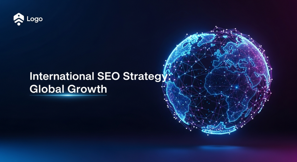A dark-themed, high-contrast illustration of a glowing, interconnected 3D globe with neon blue and purple lines, symbolizing international SEO and global business growth. The text 'International SEO Strategy: Global Growth' is overlaid in a modern, glowing sans-serif font. A subtle, illuminated logo is in the top-left corner.