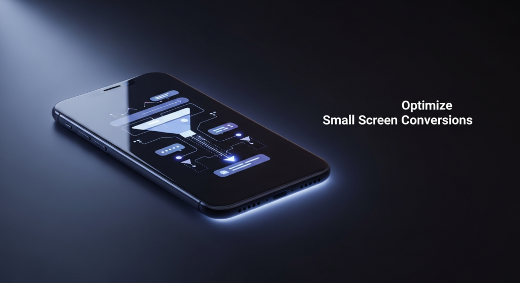 A wide banner image showing a sleek, dark smartphone centered, displaying an abstract, glowing blue and purple data flow or conversion funnel on its screen. The background is a deep, dark gradient with cinematic high-contrast lighting and subtle glow accents. The text 'Optimize Small Screen Conversions' appears in a glowing modern sans-serif font to the right of the phone. A subtle, monochrome website logo is in the top-left corner. The image conveys modern mobile optimization and conversion.