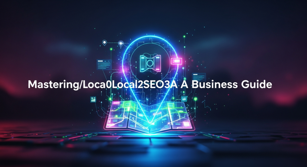 A futuristic and glowing map pin icon, representing local search and digital strategy, is centered against a dark, gradient background. Abstract, luminous data lines subtly integrate with the map pin, emphasizing a tech-driven approach to local SEO. The wide banner image features the text 'Mastering Local SEO: A Business Guide' with a soft glow and a subtle 'WebsiteLogo' in the top-left corner.