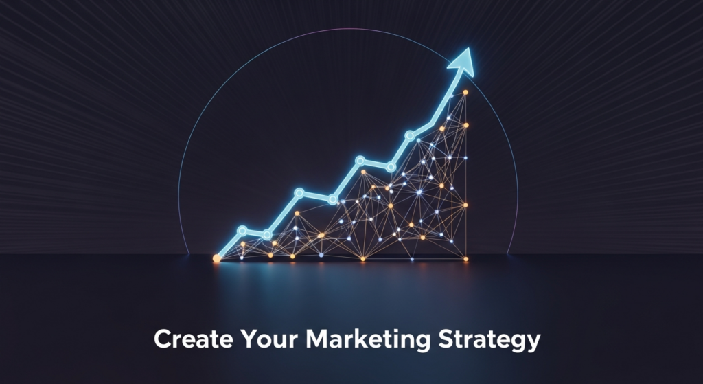 A dark, wide banner image displaying a glowing, abstract 3D graphic representing a dynamic marketing strategy with interconnected lines and nodes forming an upward growth trajectory. The central text overlay reads 'Create Your Marketing Strategy' with a soft white glow. A subtle, monochrome website logo is visible in the bottom-left corner.