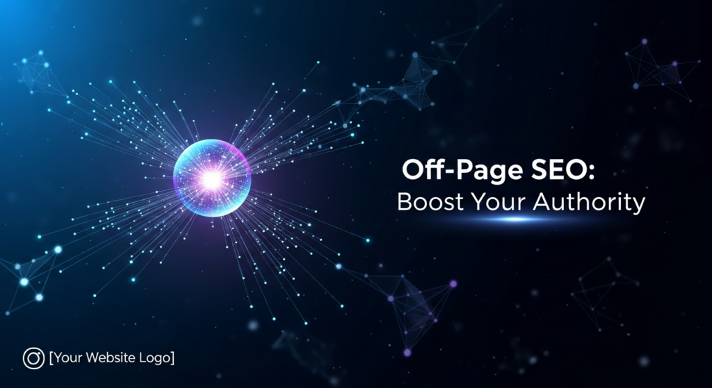 A dark, abstract digital illustration for off-page SEO. A central glowing blue sphere, representing a website, emits numerous luminous lines connecting to smaller nodes in a deep blue-black gradient background, symbolizing link building and increasing online authority. The image features soft neon blue and purple glow accents, cinematic lighting, and a modern sans-serif text overlay 'Off-Page SEO: Boost Your Authority' with a subtle website logo in the bottom-left corner.